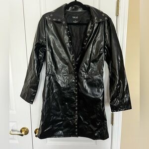 Black Goth Fake Leather Coat Silver Eyelets